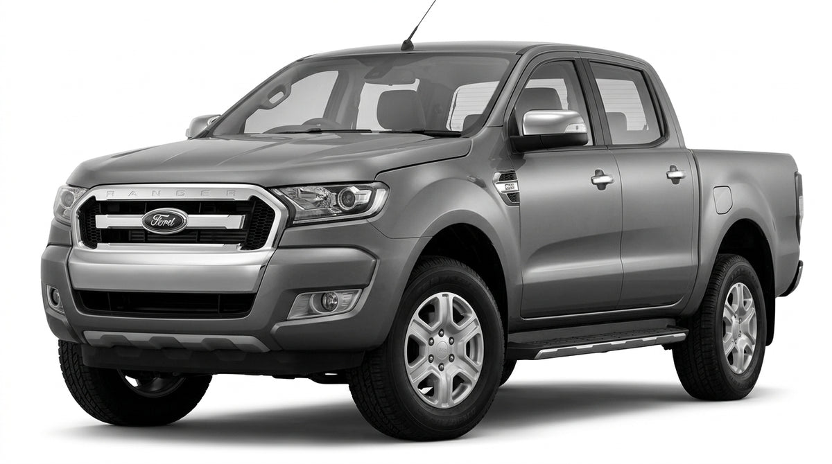 A silver Ford Ranger truck shown from a front angle
