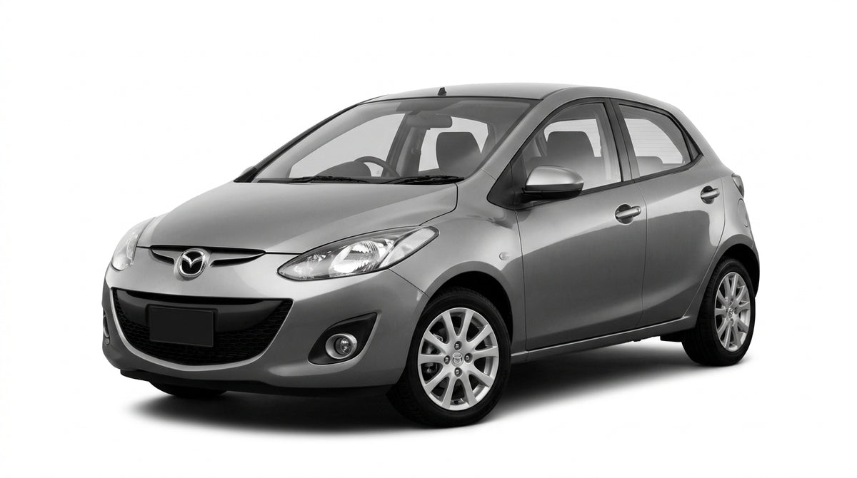 A silver Mazda 2 hatchback car shown from a front angle