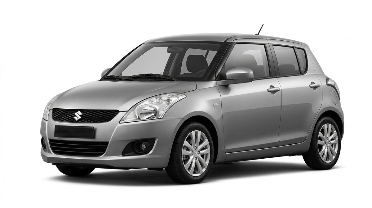 A silver Suzuki Swift hatchback car shown from a front angle